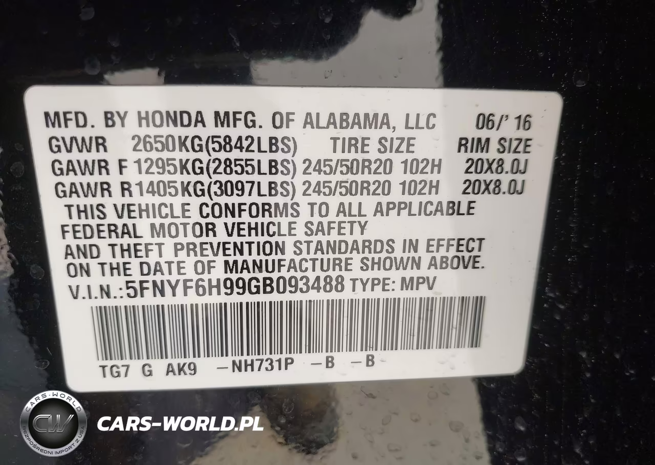 2016 Honda Pilot Touring VIN:5FNYF6H99GB093488 - 9