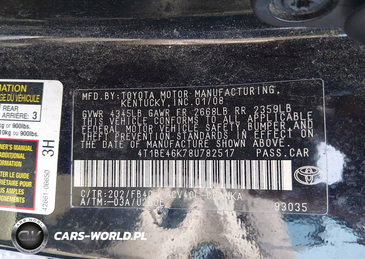 2008 Toyota Camry VIN:4T1BE46K78U782517 - 9