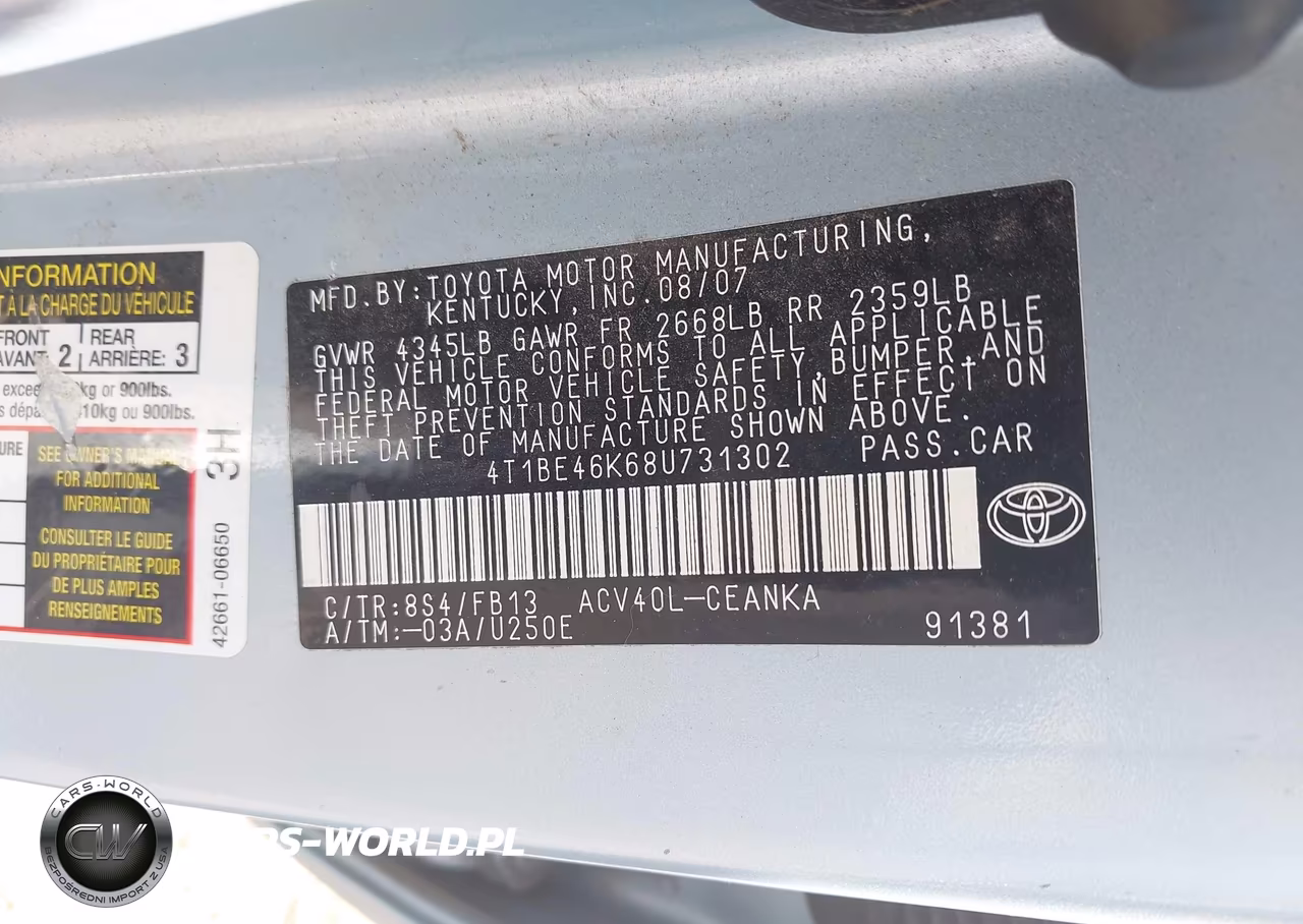 2008 Toyota Camry Le VIN:4T1BE46K68U731302 - 9