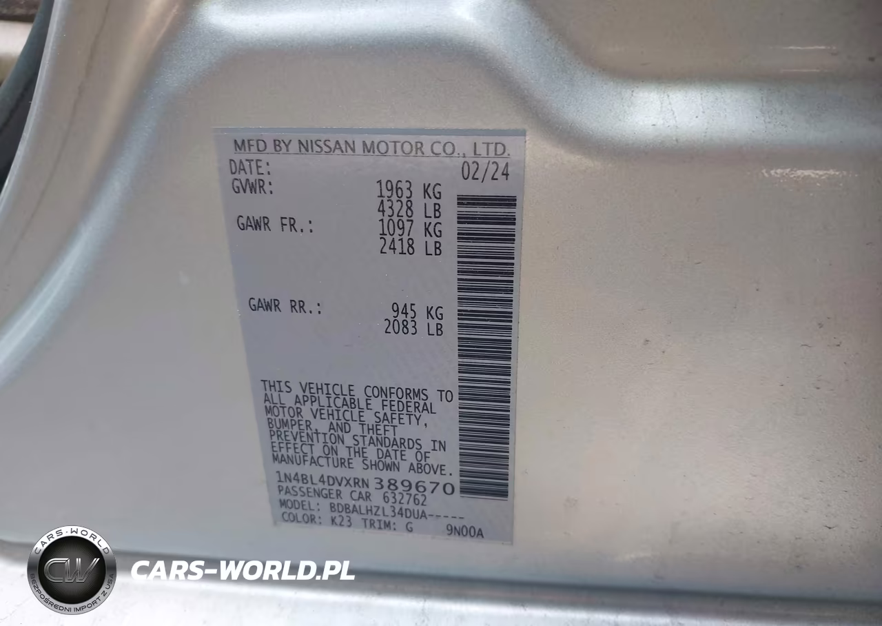 2024 Nissan Altima Sv Fwd VIN:1N4BL4DVXRN389670 - 9