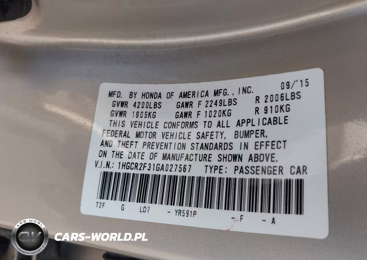 2016 Honda Accord Lx VIN:1HGCR2F31GA027567 - 9