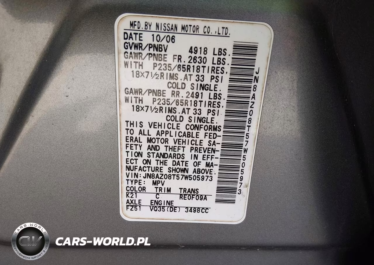 2007 Nissan Murano Sl VIN:JN8AZ08T57W505973 - 9