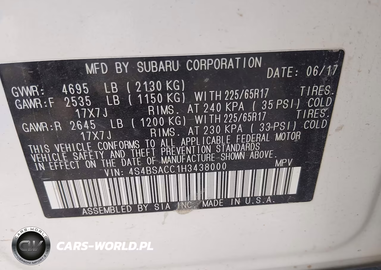 2017 Subaru Outback 2.5I Premium VIN:4S4BSACC1H3438000 - 9