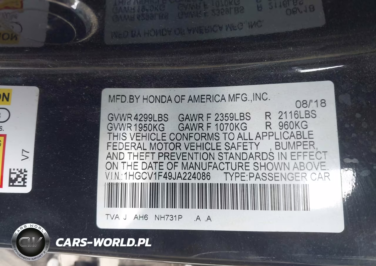 2018 Honda Accord Ex VIN:1HGCV1F49JA224086 - 9