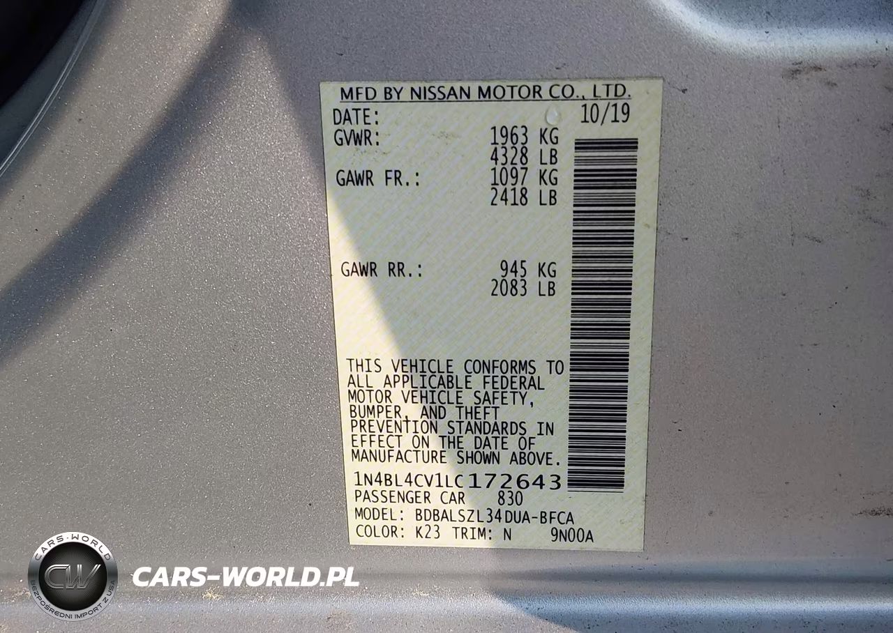 2020 Nissan Altima Sr Fwd VIN:1N4BL4CV1LC172643 - 9