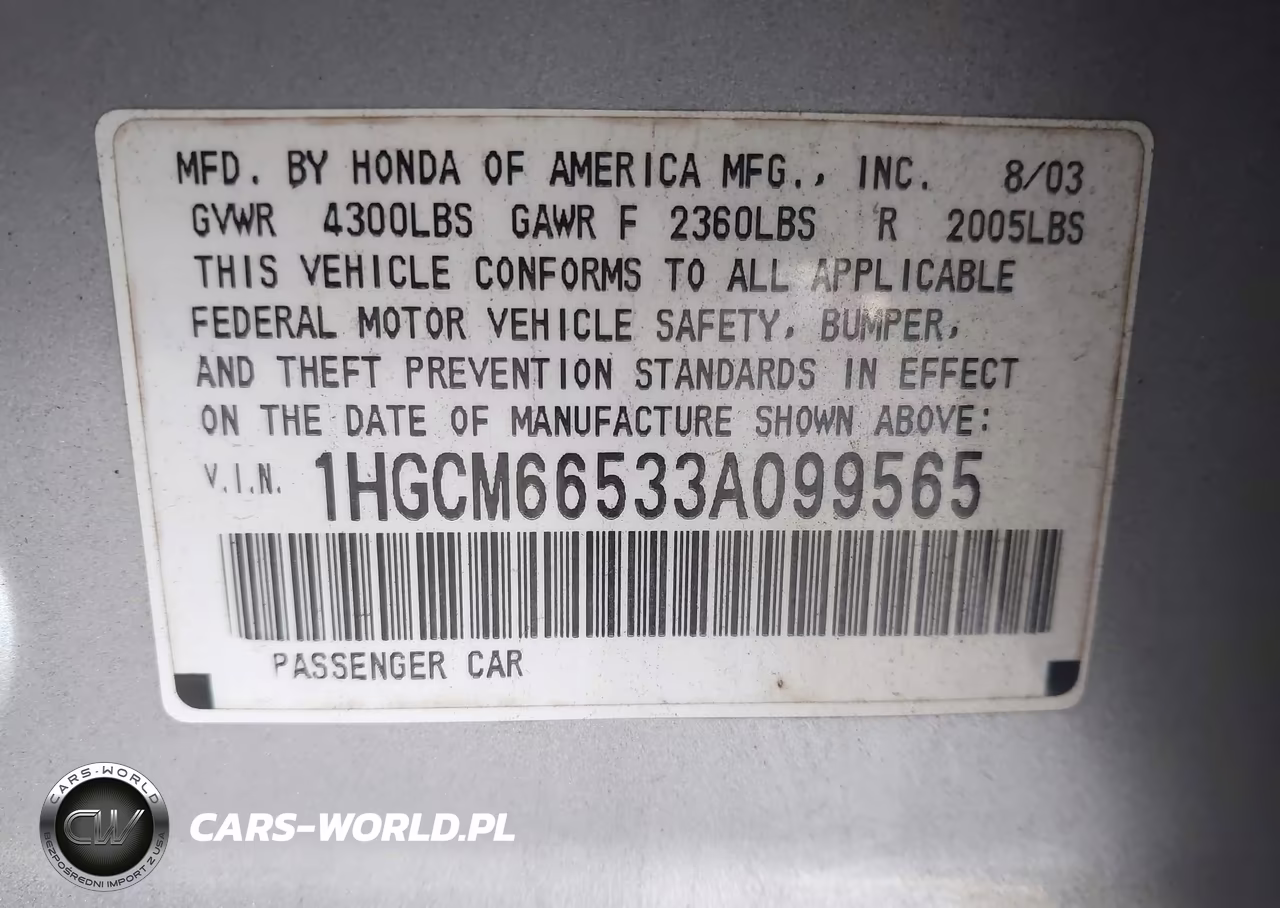 2003 Honda Accord 3.0 Ex VIN:1HGCM66533A099565 - 9