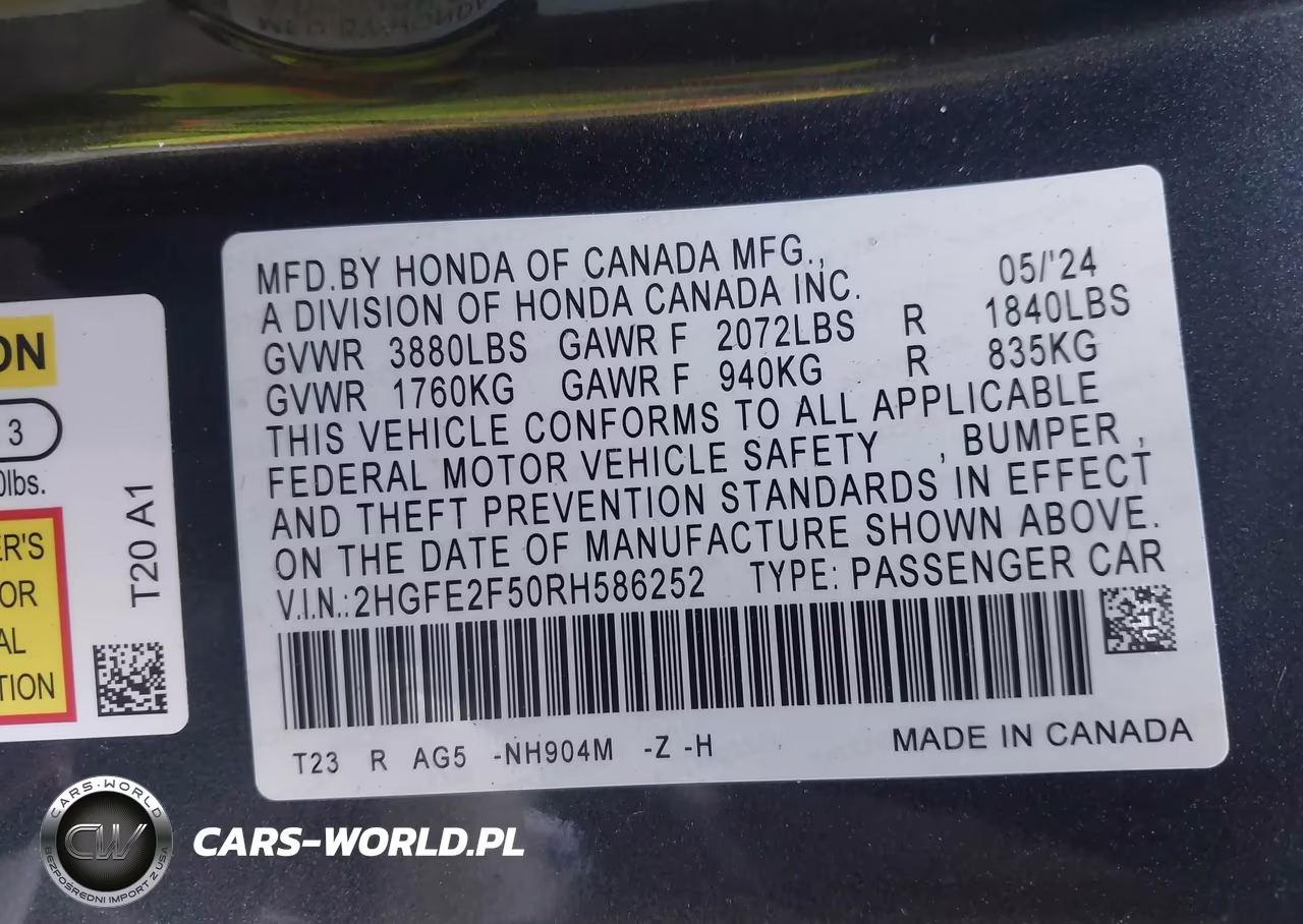 2024 Honda Civic Sport VIN:2HGFE2F50RH586252 - 9