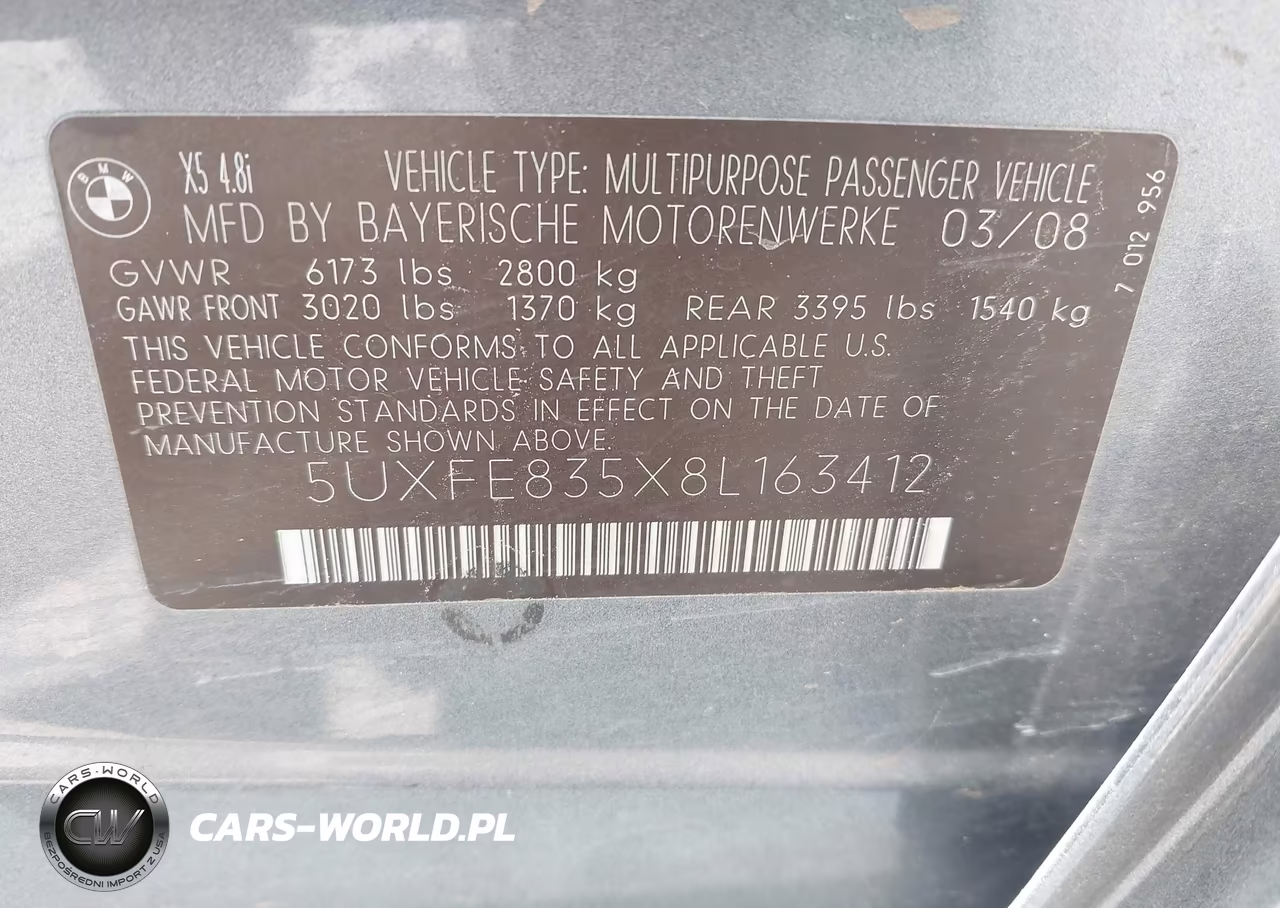 2008 BMW X5 4.8I VIN:5UXFE835X8L163412 - 9