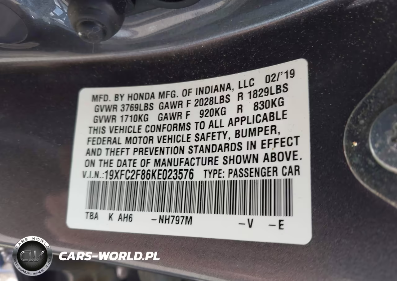 2019 Honda Civic Sport VIN:19XFC2F86KE023576 - 9