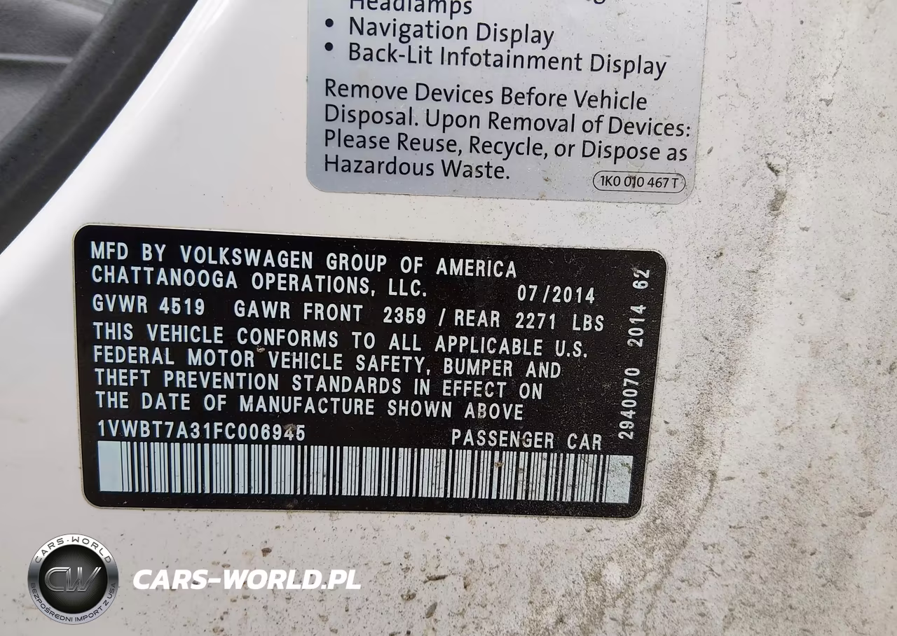 2015 Volkswagen Passat 1.8T Se VIN:1VWBT7A31FC006945 - 9