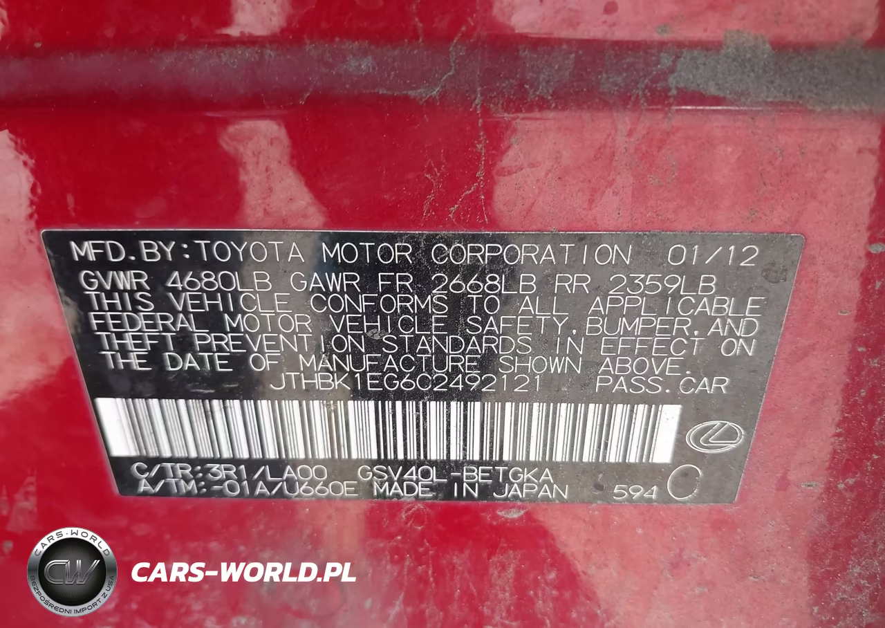 2012 Lexus Es 350 VIN:JTHBK1EG6C2492121 - 9