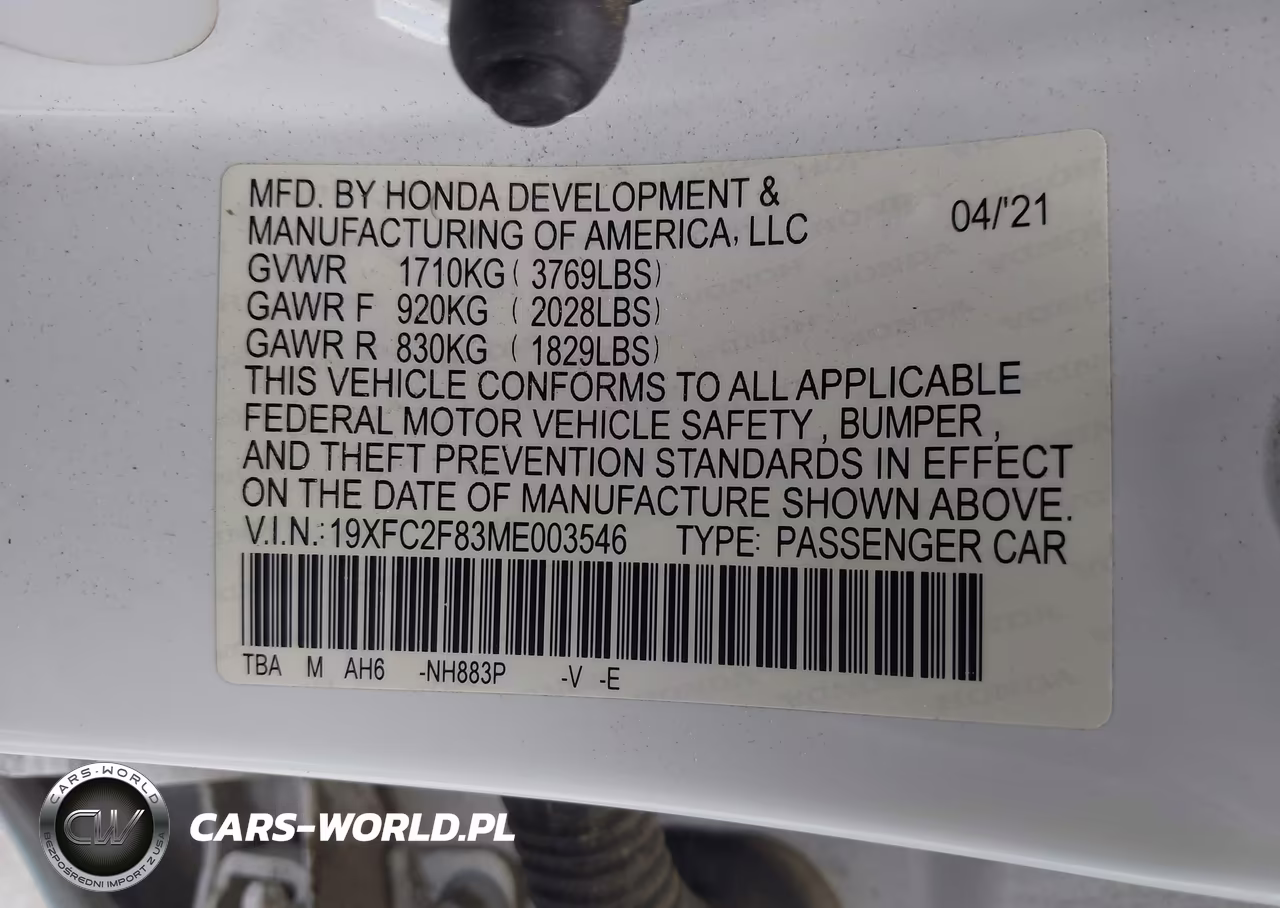 2021 Honda Civic Sport VIN:19XFC2F83ME003546 - 9