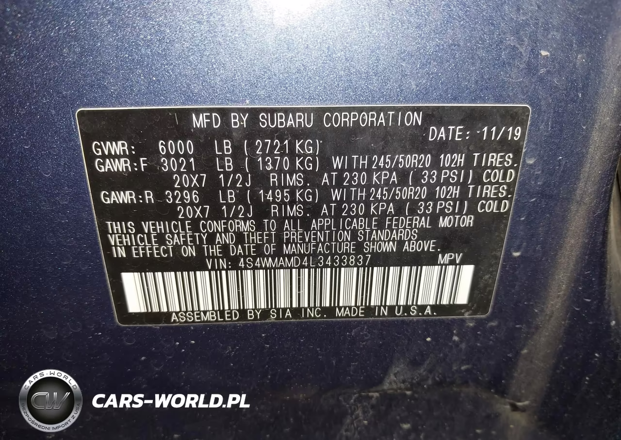 2020 Subaru Ascent Limited VIN:4S4WMAMD4L3433837 - 9