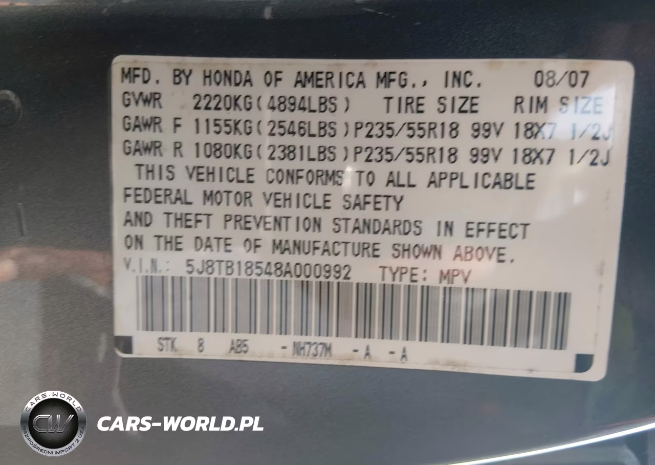 2008 Acura Rdx VIN:5J8TB18548A000992 - 9