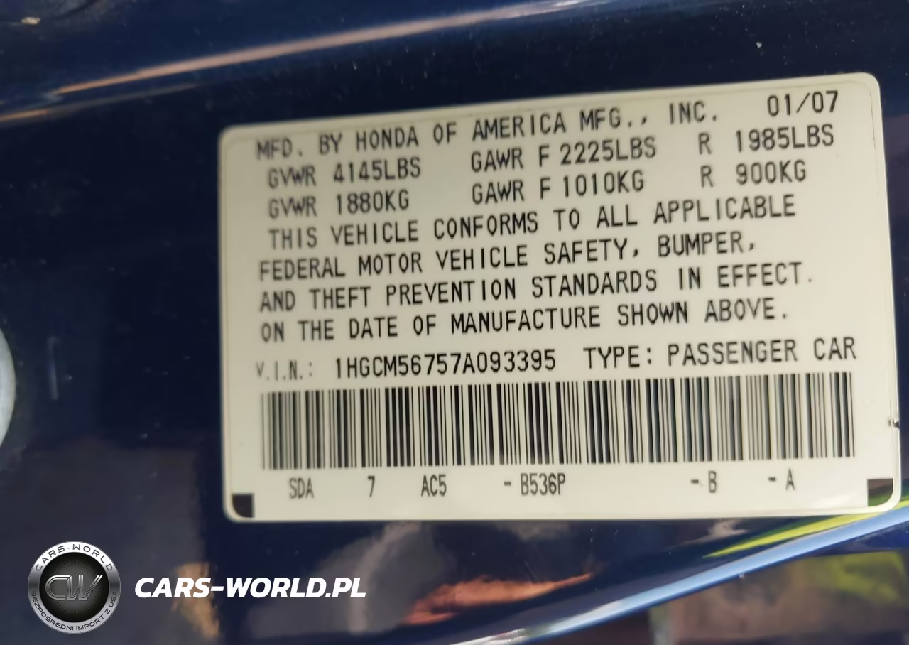 2007 Honda Accord 2.4 Ex VIN:1HGCM56757A093395 - 9