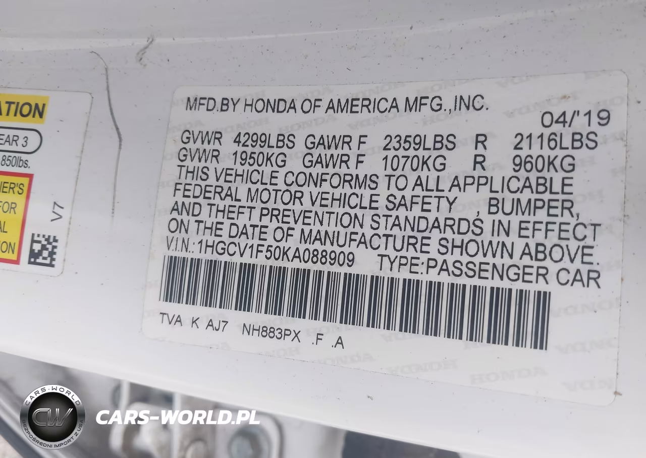 2019 Honda Accord Ex-L VIN:1HGCV1F50KA088909 - 9