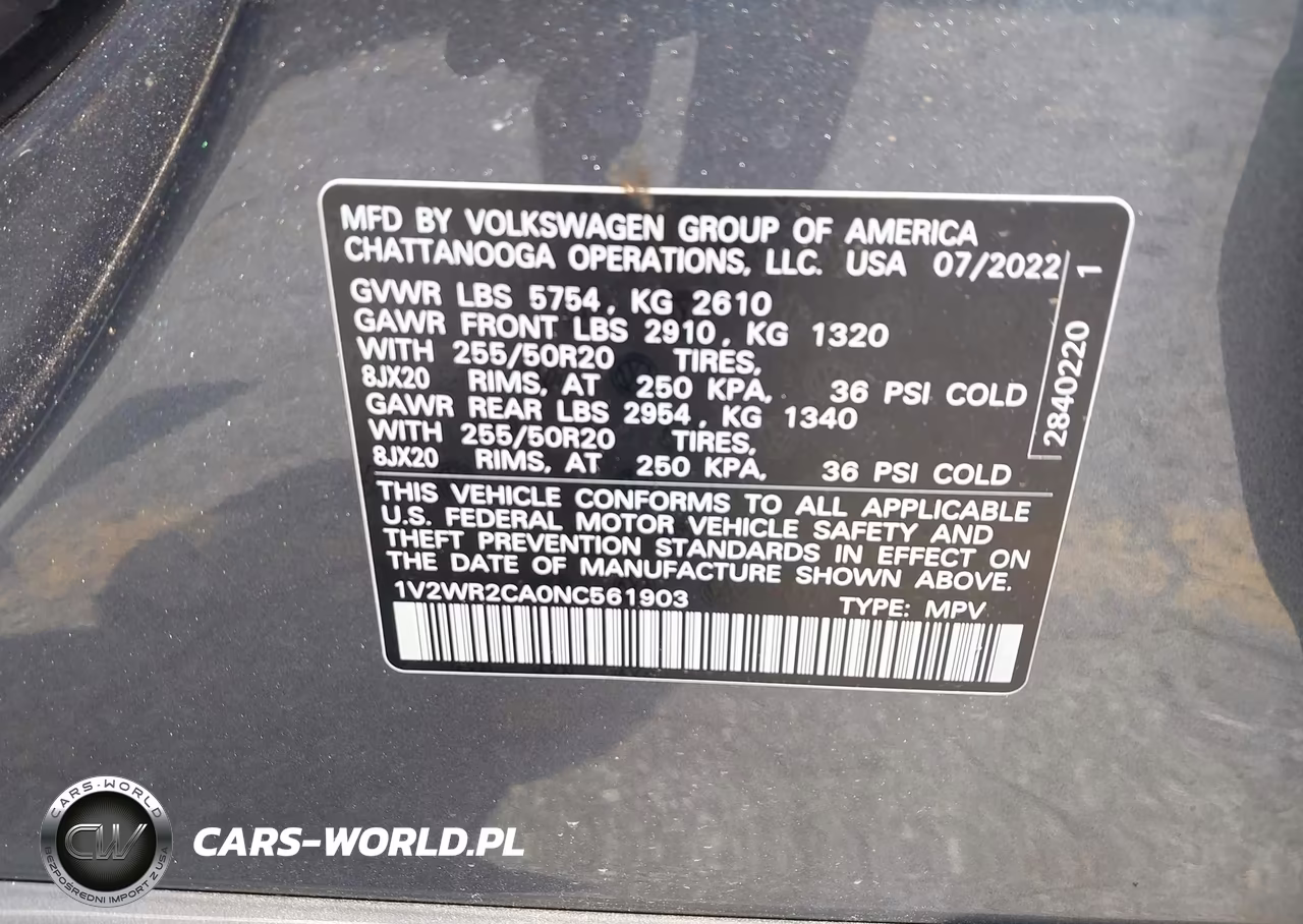2022 Volkswagen Atlas 3.6L V6 Se W-Technology VIN:1V2WR2CA0NC561903 - 9