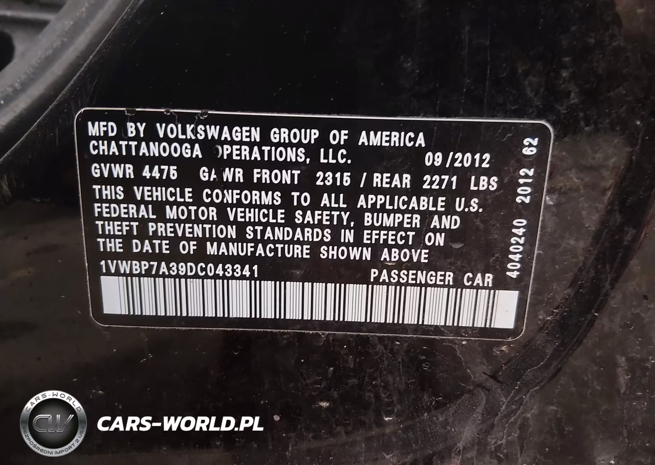 2013 Volkswagen Passat 2.5L Se VIN:1VWBP7A39DC043341 - 9
