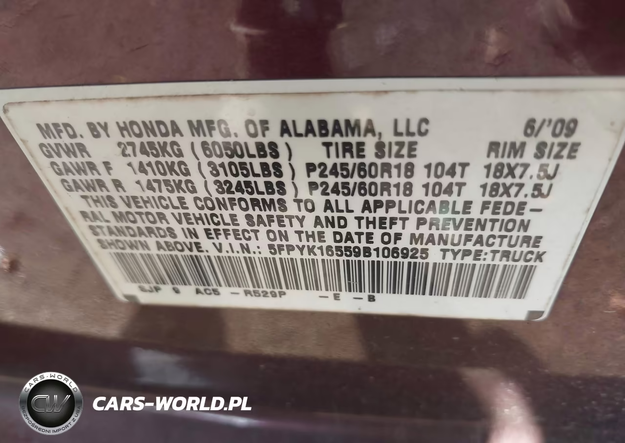 2009 Honda Ridgeline Rtl VIN:5FPYK16559B106925 - 9