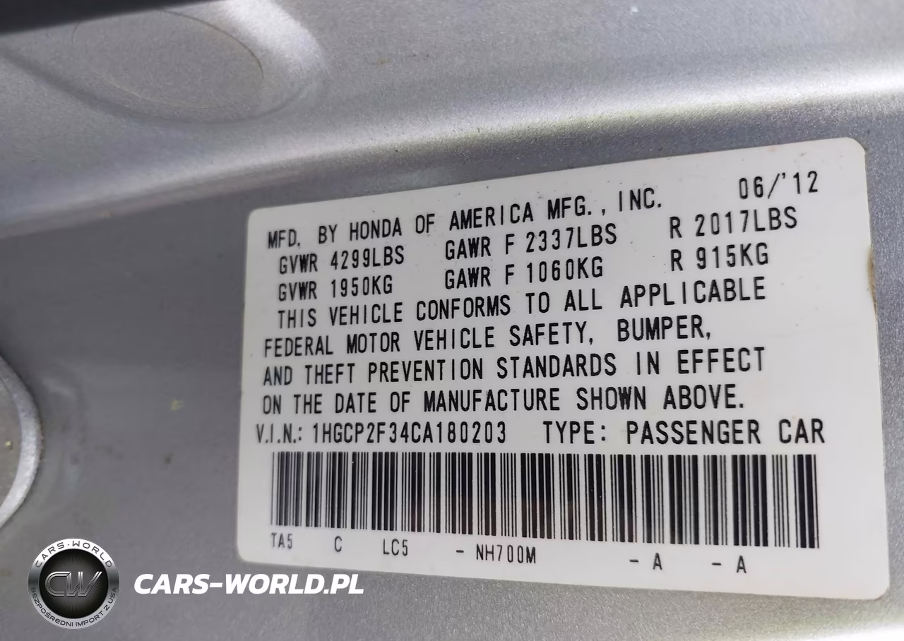 2012 Honda Accord 2.4 Lx VIN:1HGCP2F34CA180203 - 9