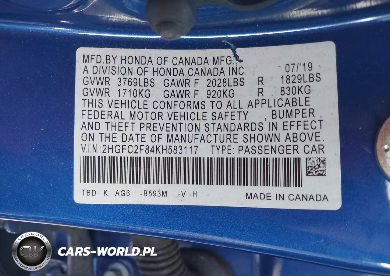 2019 Honda Civic Sport VIN:2HGFC2F84KH583117 - 9