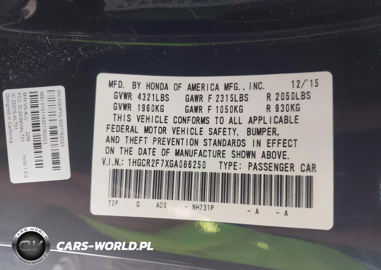 2016 Honda Accord Ex VIN:1HGCR2F7XGA086250 - 9