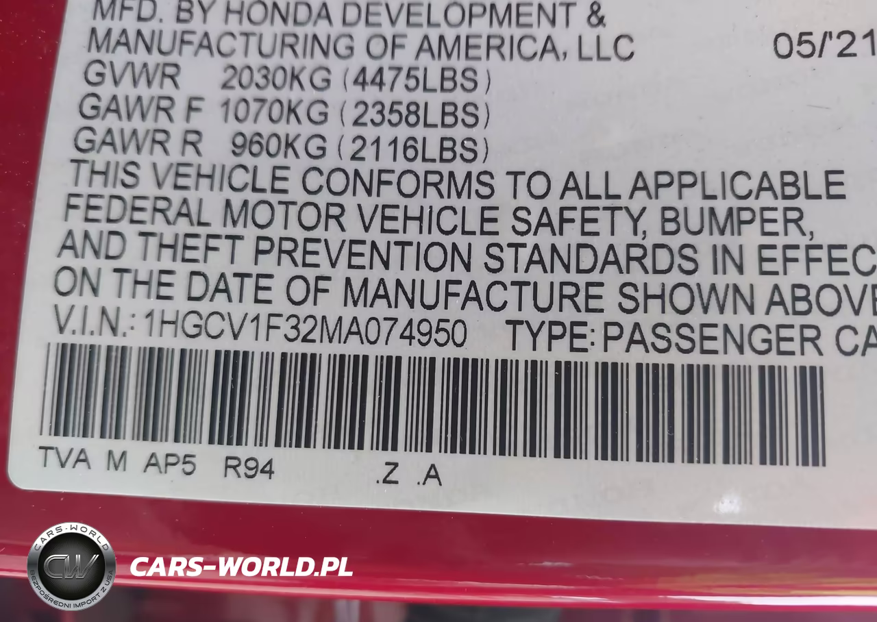 2021 Honda Accord Sport VIN:1HGCV1F32MA074950 - 9
