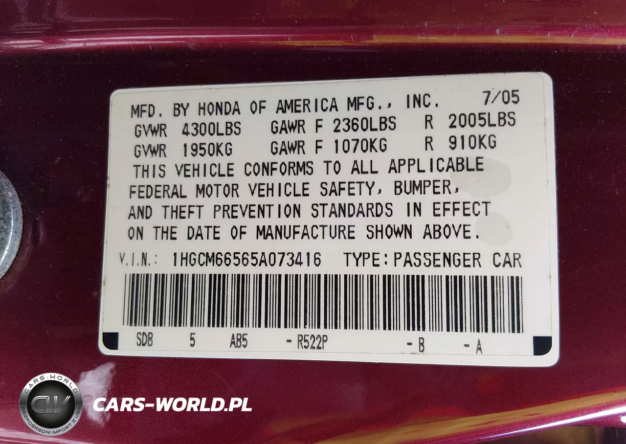 2005 Honda Accord 3.0 Ex VIN:1HGCM66565A073416 - 9