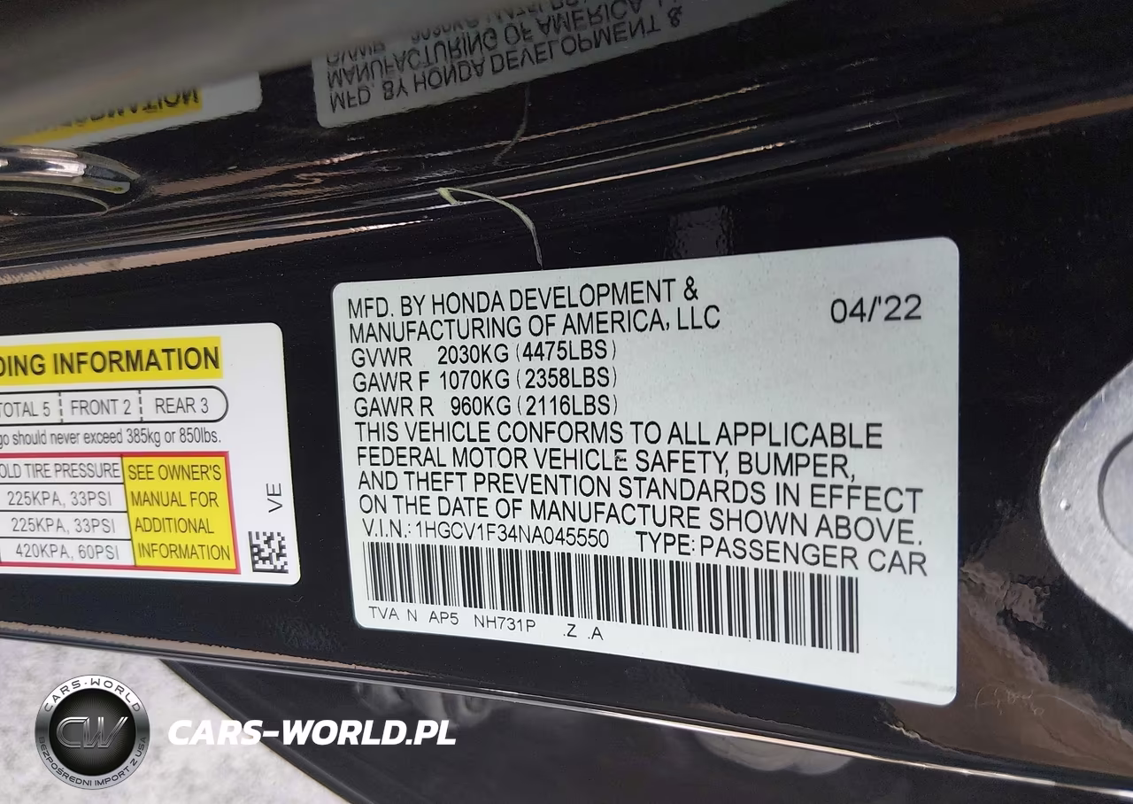 2022 Honda Accord Sport VIN:1HGCV1F34NA045550 - 9