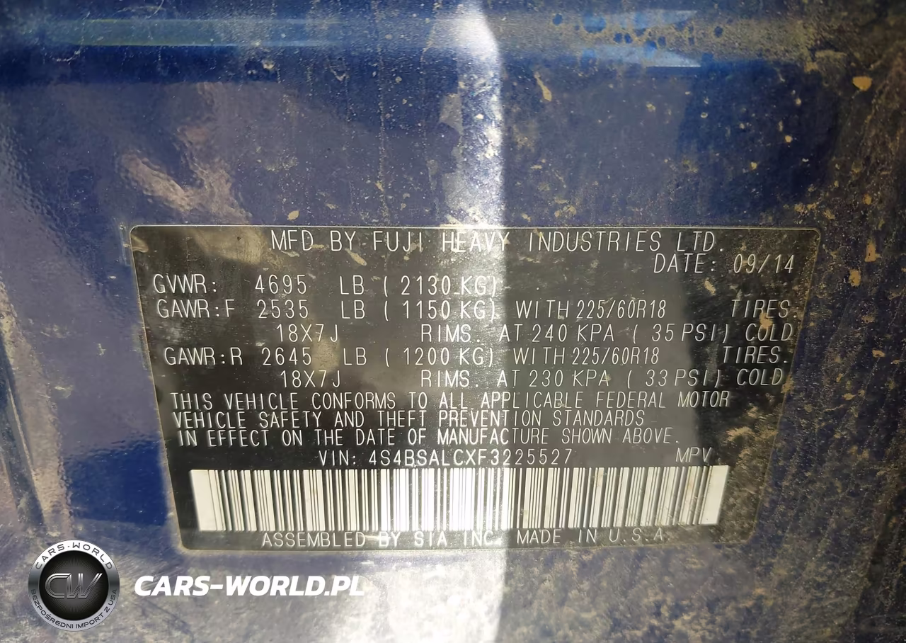 2015 Subaru Outback 2.5I Limited VIN:4S4BSALCXF3225527 - 9