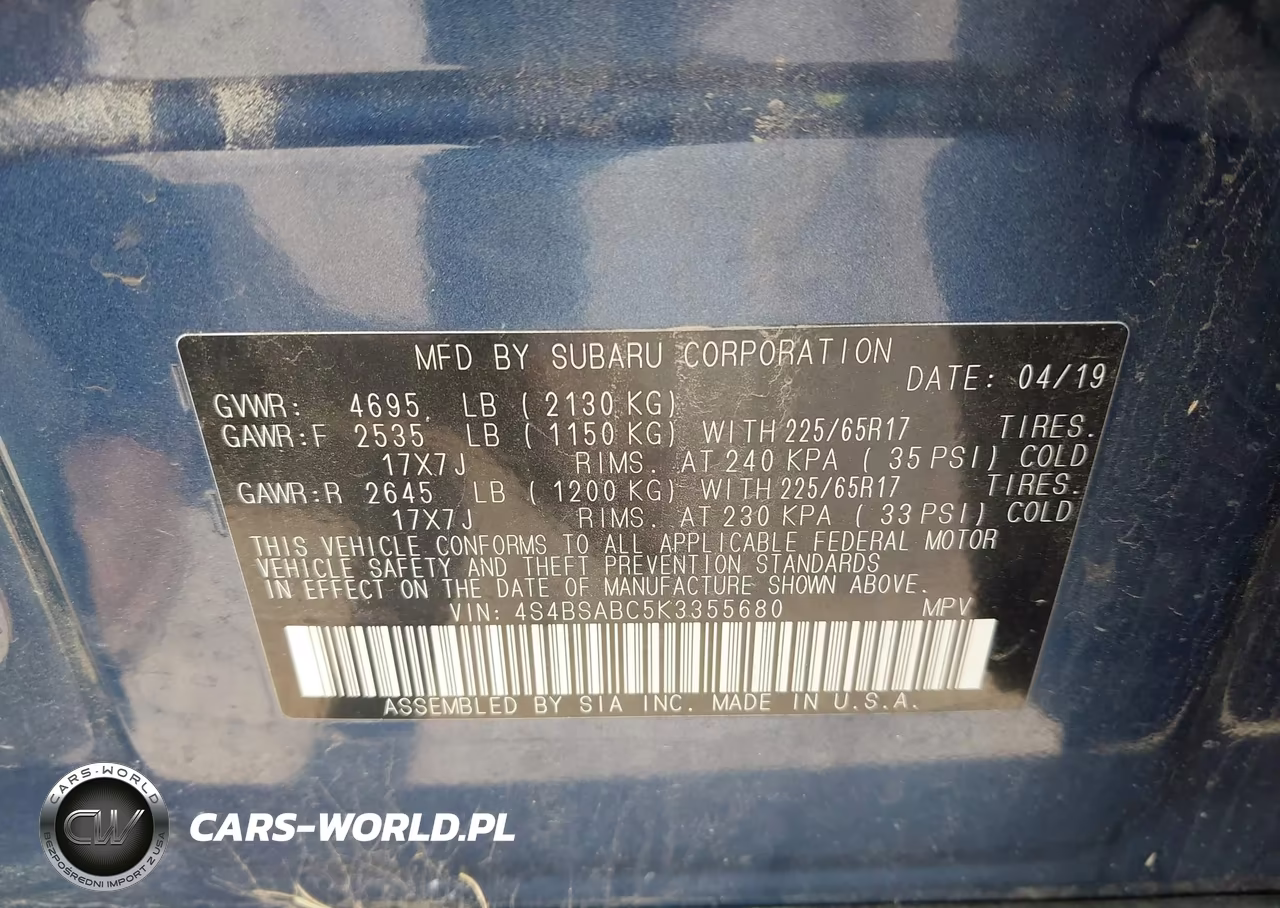 2019 Subaru Outback 2.5I VIN:4S4BSABC5K3355680 - 9