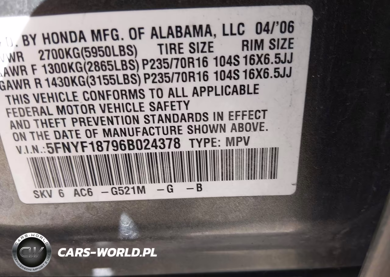 2006 Honda Pilot Ex VIN:5FNYF18796B024378 - 9