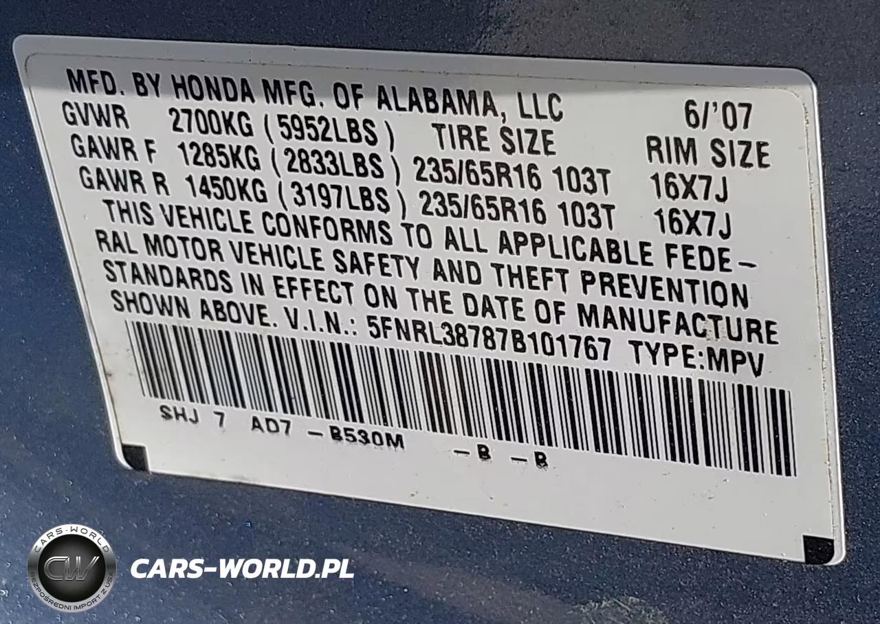 2007 Honda Odyssey Ex-L VIN:5FNRL38787B101767 - 9