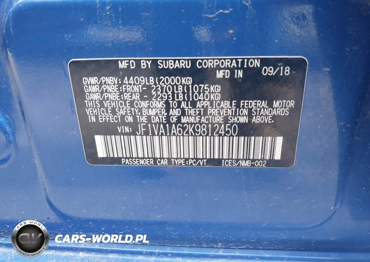 2019 Subaru Wrx VIN:JF1VA1A62K9812450 - 9