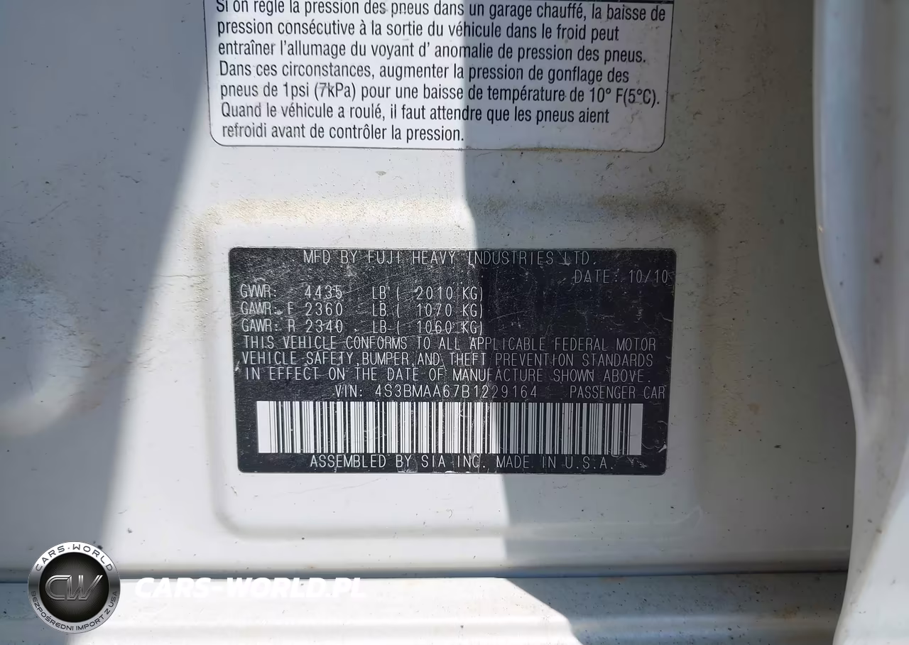 2011 Subaru Legacy 2.5I VIN:4S3BMAA67B1229164 - 9