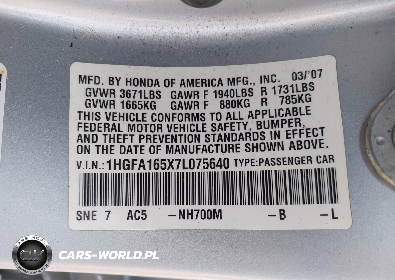 2007 Honda Civic Lx VIN:1HGFA165X7L075640 - 9