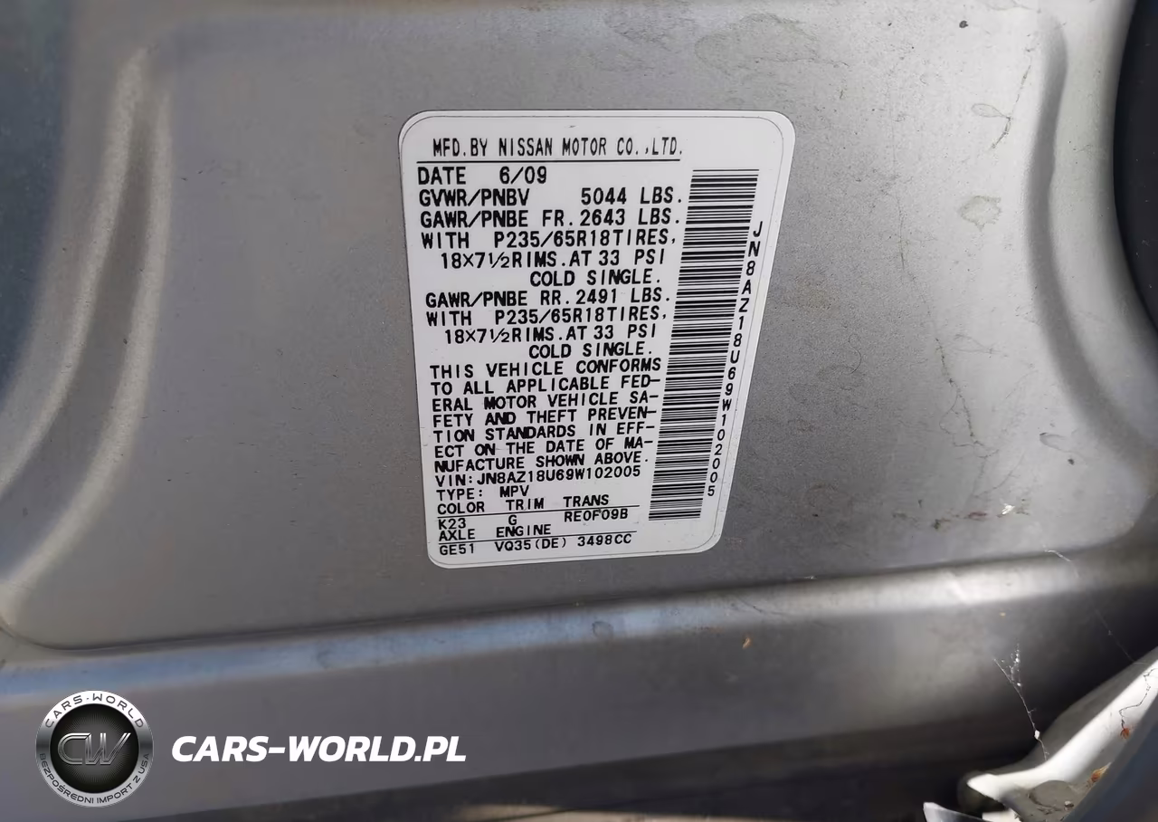 2009 Nissan Murano S VIN:JN8AZ18U69W102005 - 9
