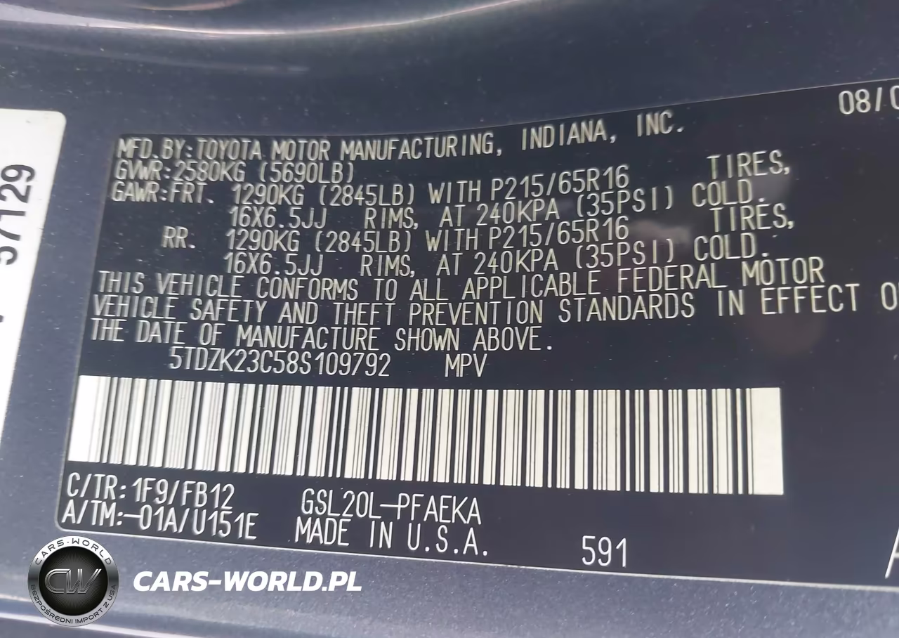 2008 Toyota Sienna Ce VIN:5TDZK23C58S109792 - 9