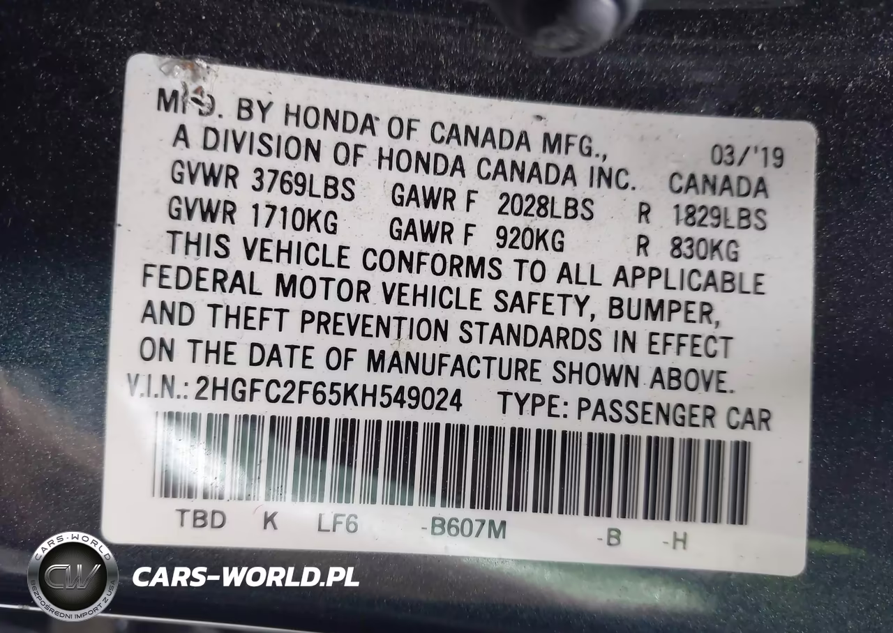 2019 Honda Civic Lx VIN:2HGFC2F65KH549024 - 9