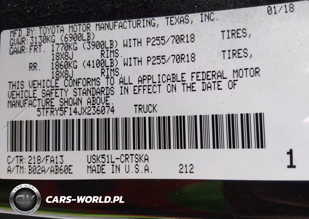 2018 Toyota Tundra Sr 5.7L V8 VIN:5TFRY5F14JX236074 - 9