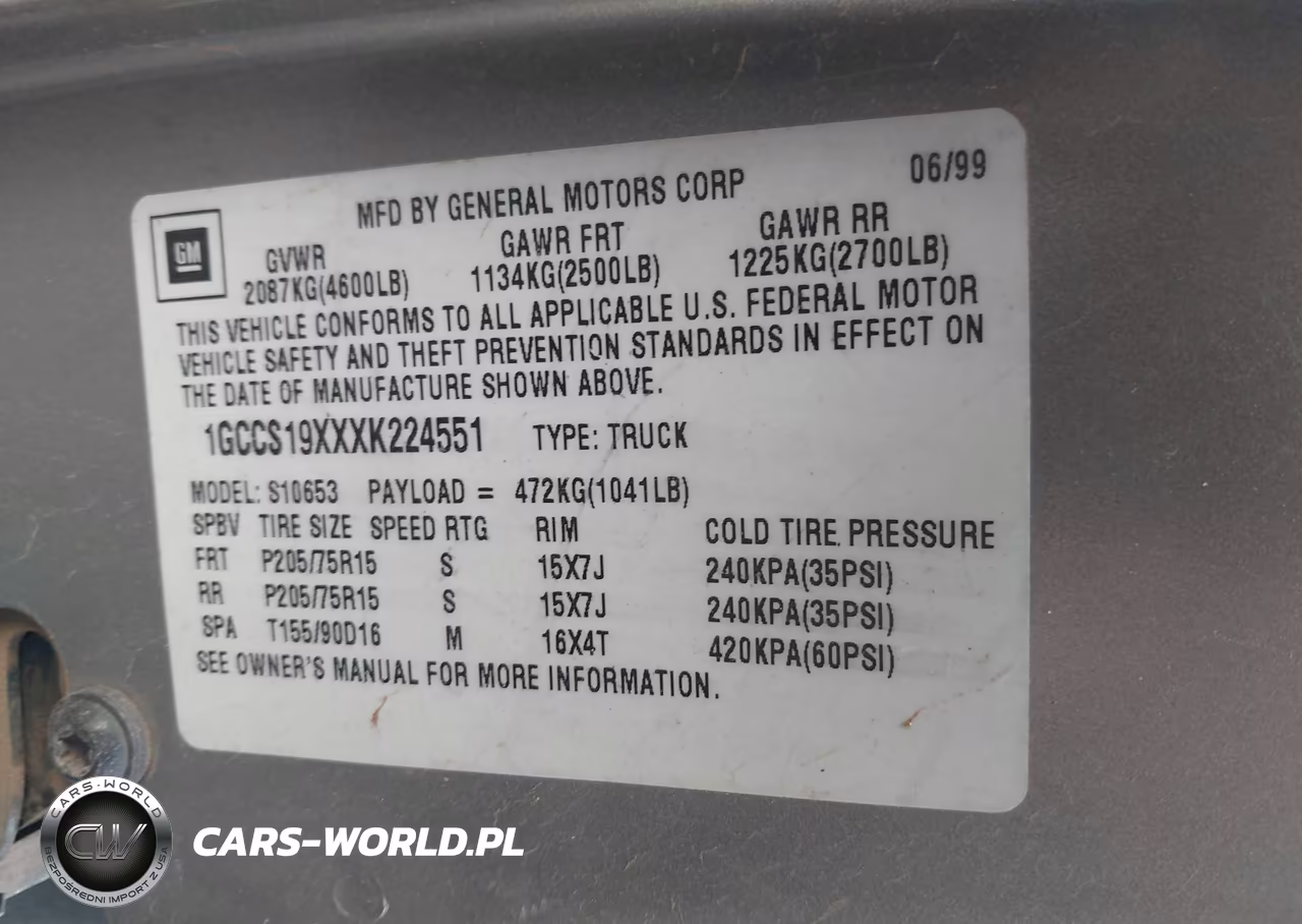 1999 Chevrolet S-10 Ls VIN:1GCCS19XXXK224551 - 9