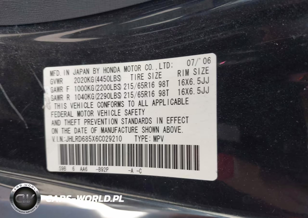 2006 Honda Cr-V Lx VIN:JHLRD685X6C029210 - 9