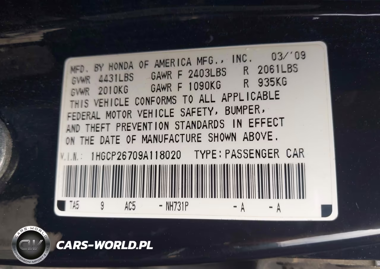 2009 Honda Accord 2.4 Ex VIN:1HGCP26709A118020 - 9