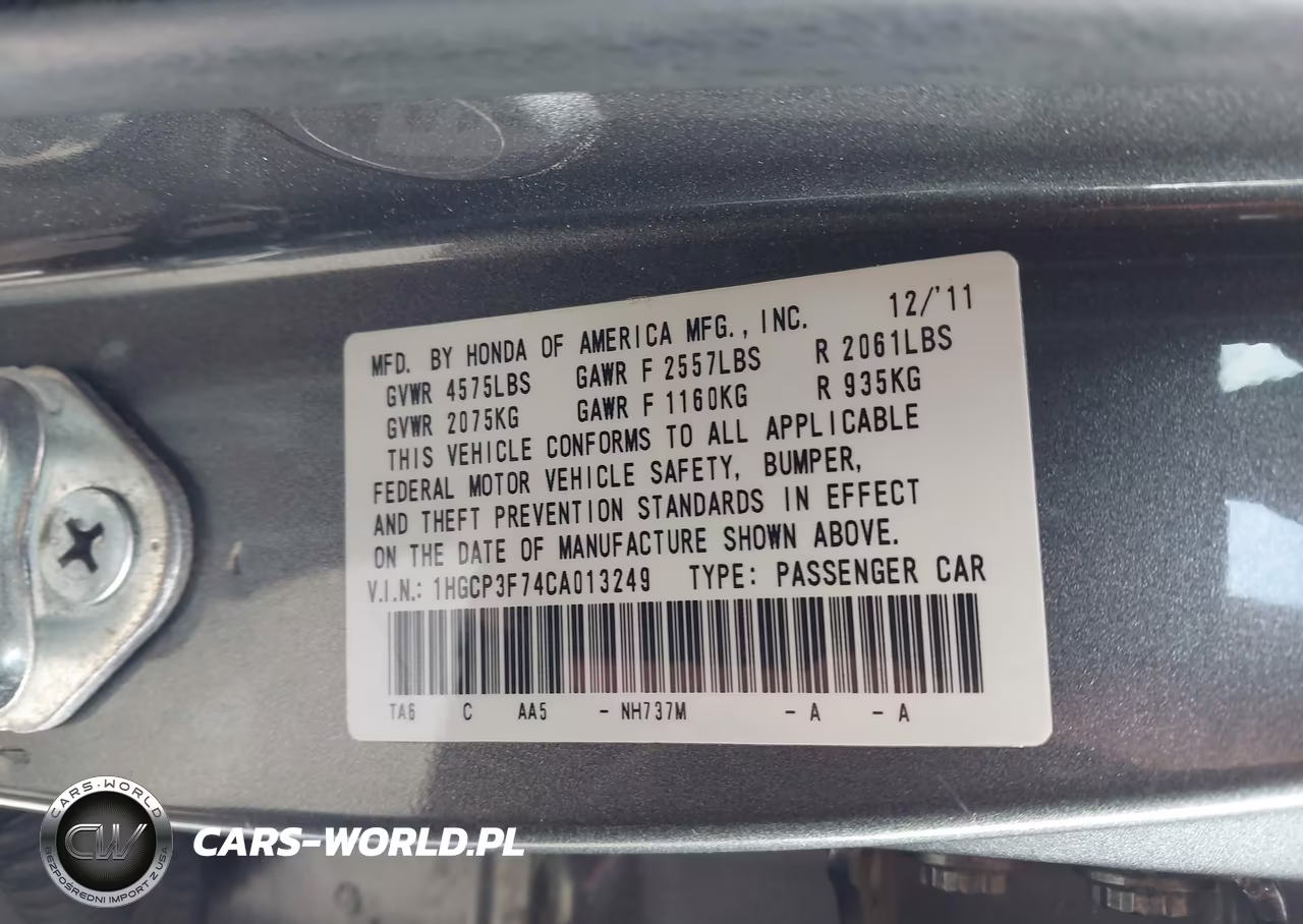 2012 Honda Accord 3.5 Ex VIN:1HGCP3F74CA013249 - 9