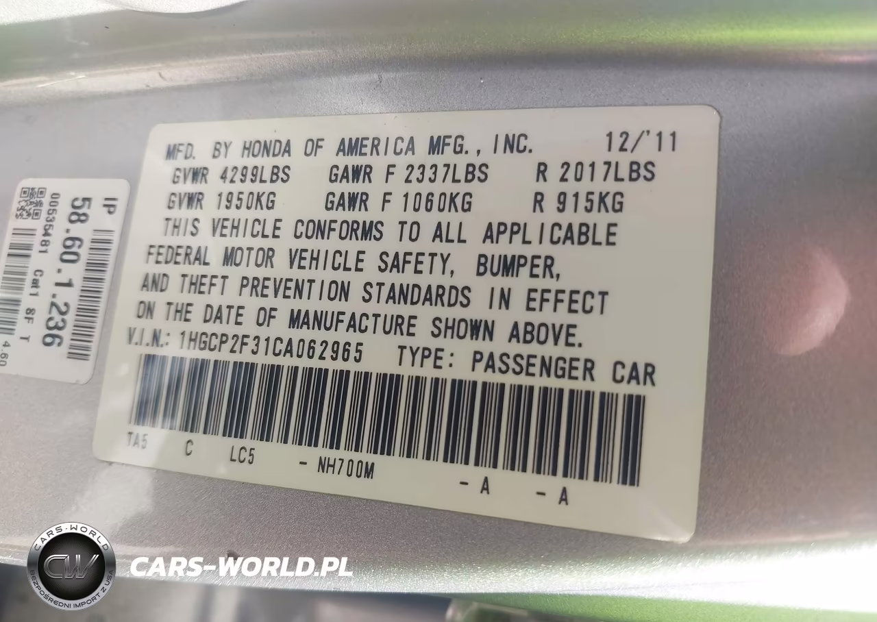 2012 Honda Accord 2.4 Lx VIN:1HGCP2F31CA062965 - 9