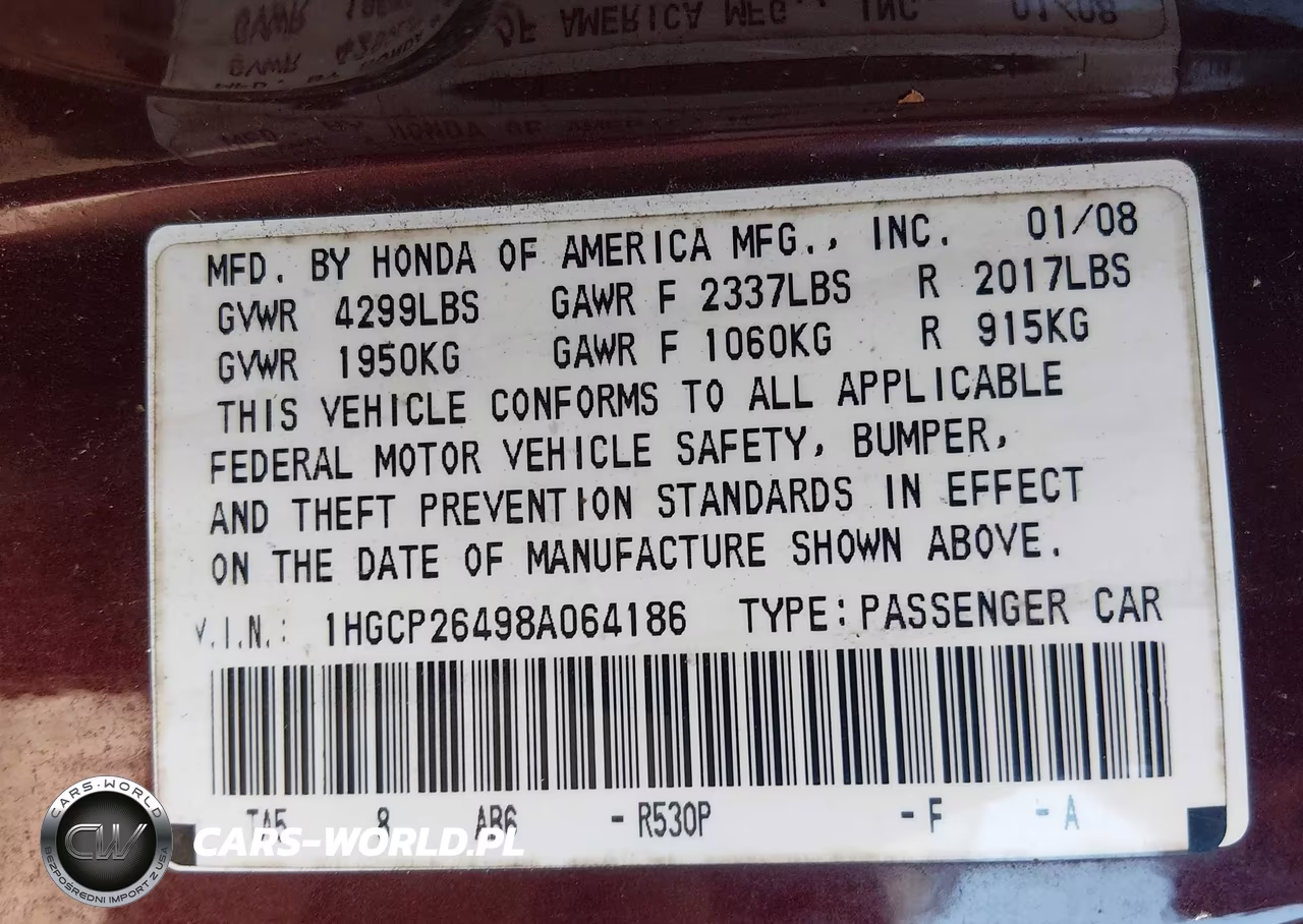 2008 Honda Accord 2.4 Lx-P VIN:1HGCP26498A064186 - 9