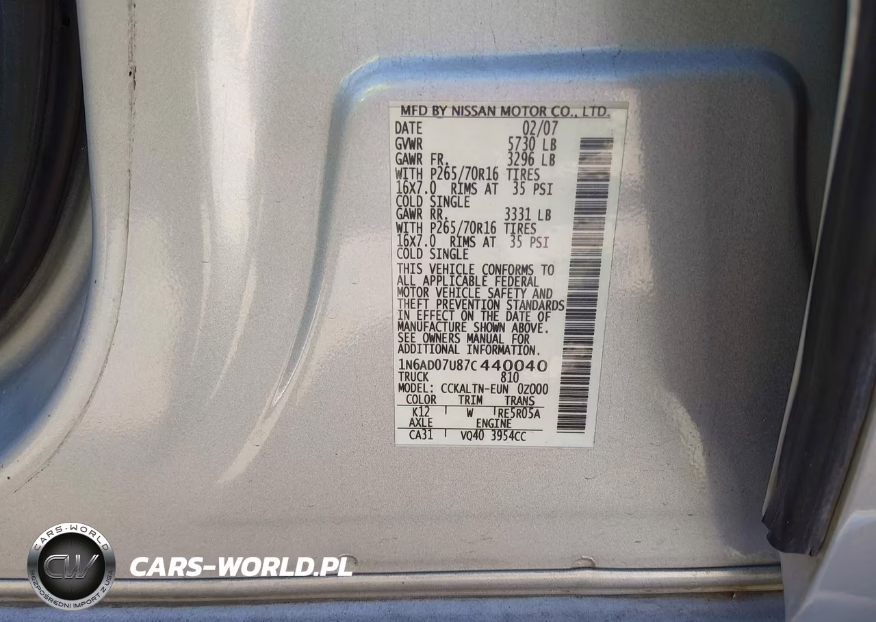 2007 Nissan Frontier Se VIN:1N6AD07U87C440040 - 9