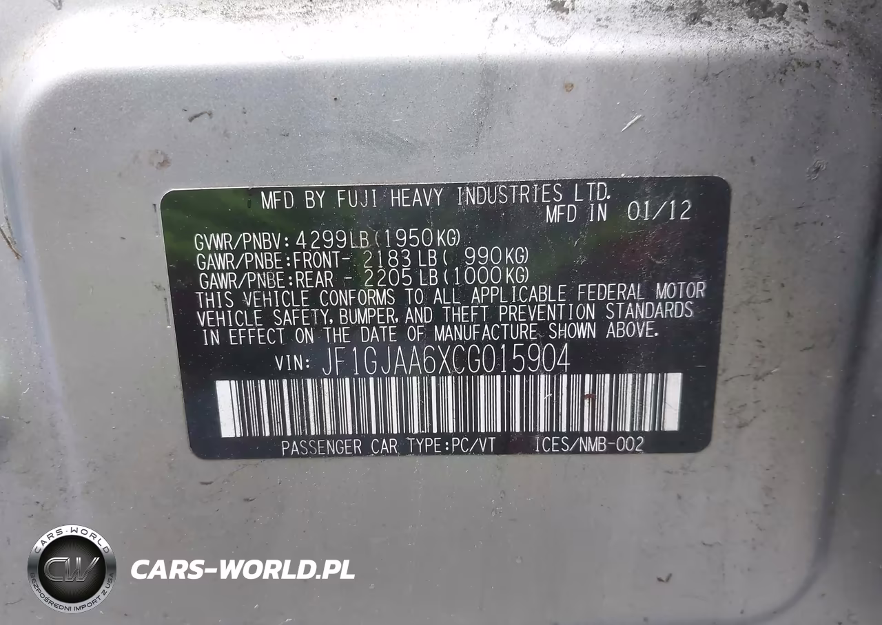 2012 Subaru Impreza 2.0I VIN:JF1GJAA6XCG015904 - 9