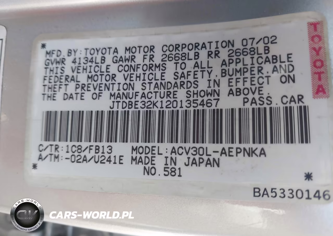 2002 Toyota Camry Le VIN:JTDBE32K120135467 - 9