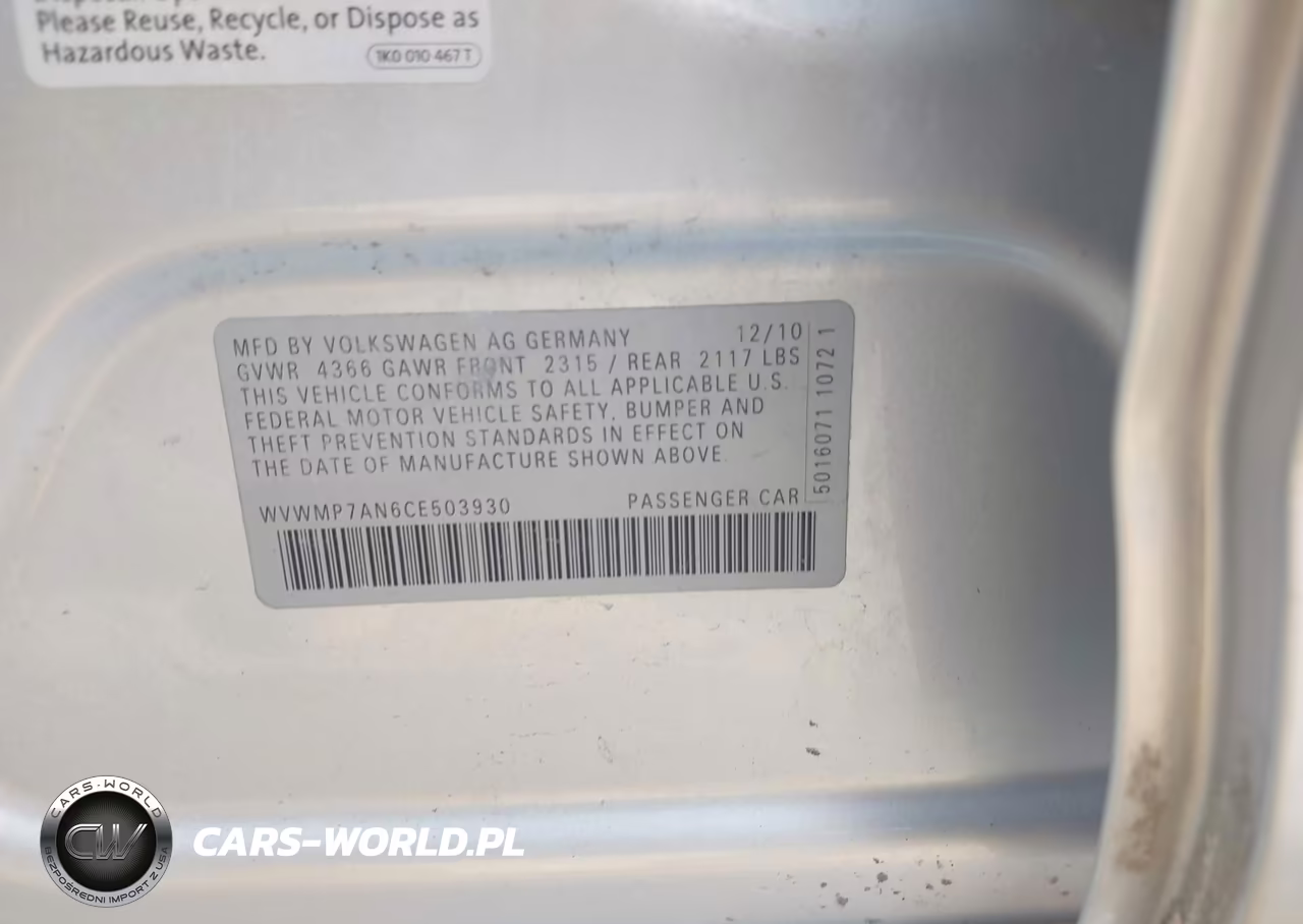2012 Volkswagen Cc Sport VIN:WVWMP7AN6CE503930 - 9